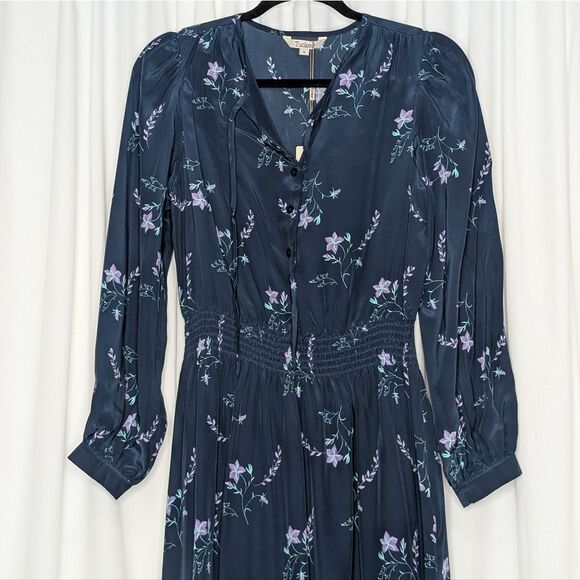 Tucker Juliette Dress Midnight Wildflowers in Crepe de Chine Floral Silk Midi - Picture 1 of 11